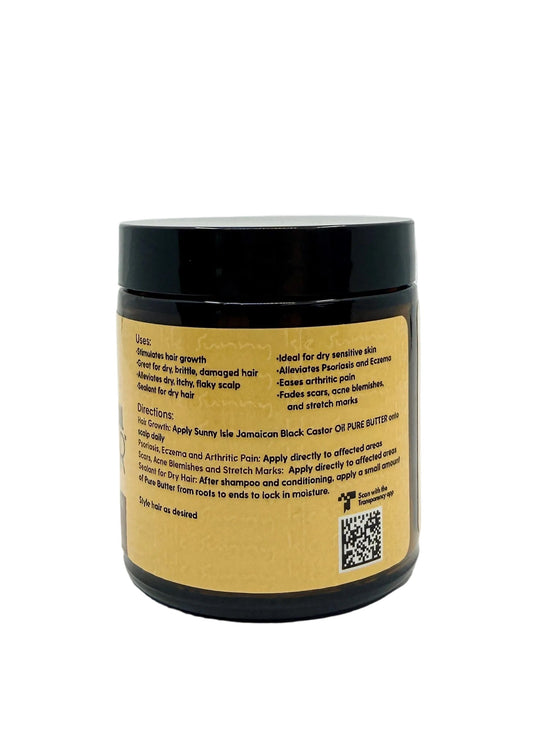 Back of a black jar with yellow label on a white background