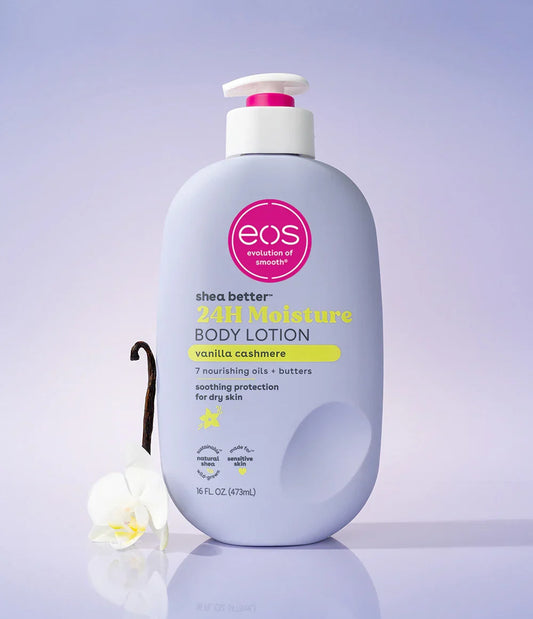 Eos shea butter 24-hour moisture body lotion bottle on a light purple background