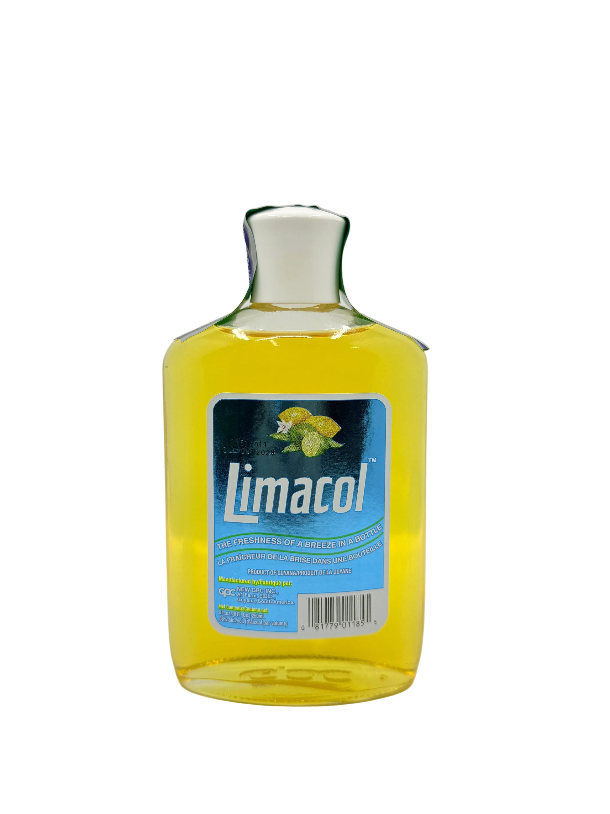 Limacol bottle with yellow liquid on a white background