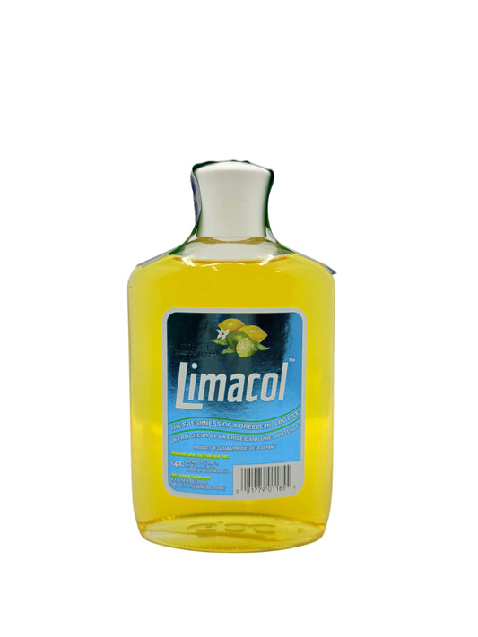 Limacol bottle with yellow liquid on a white background