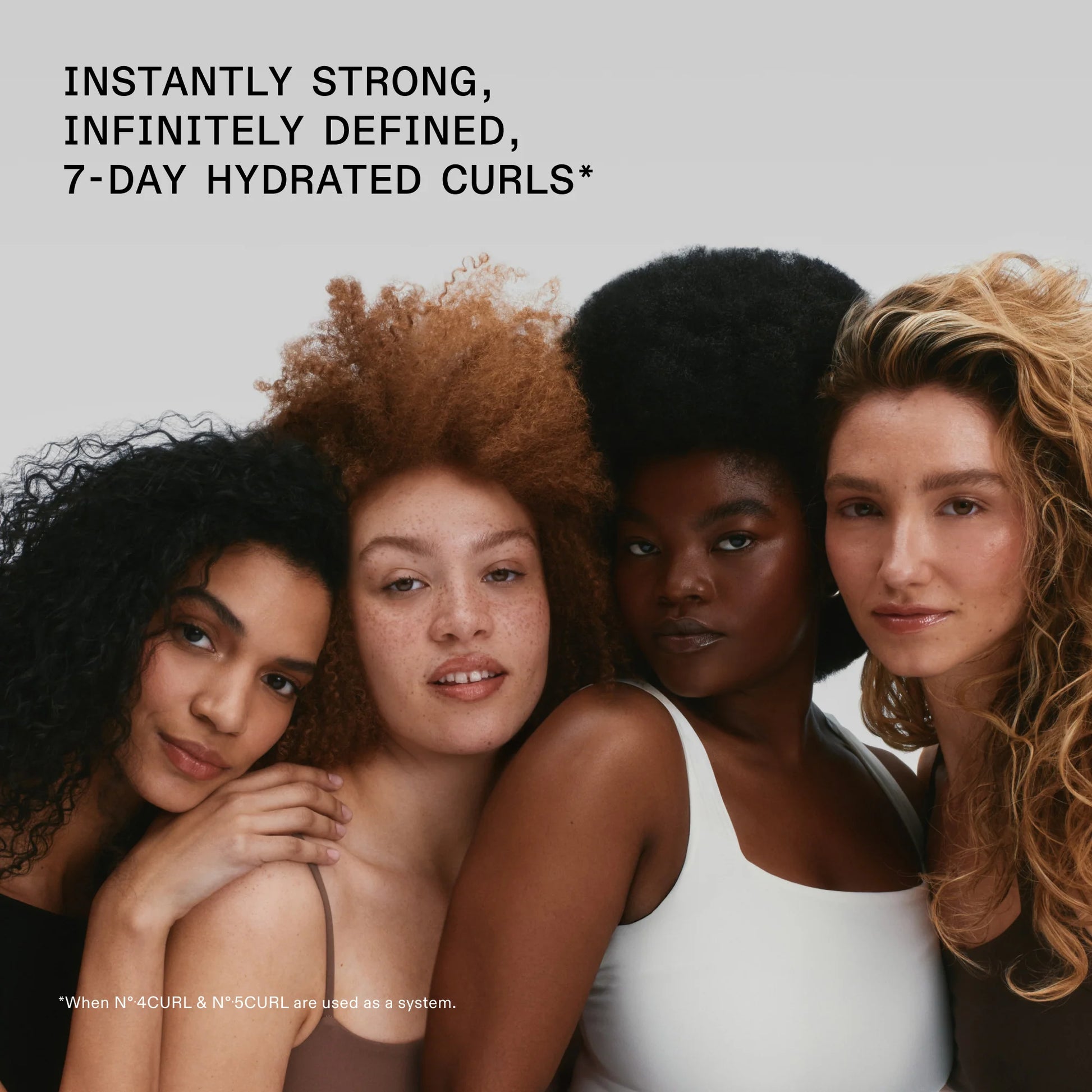Four women with curly hair styles posing together against a plain background, with text about hair product benefits.