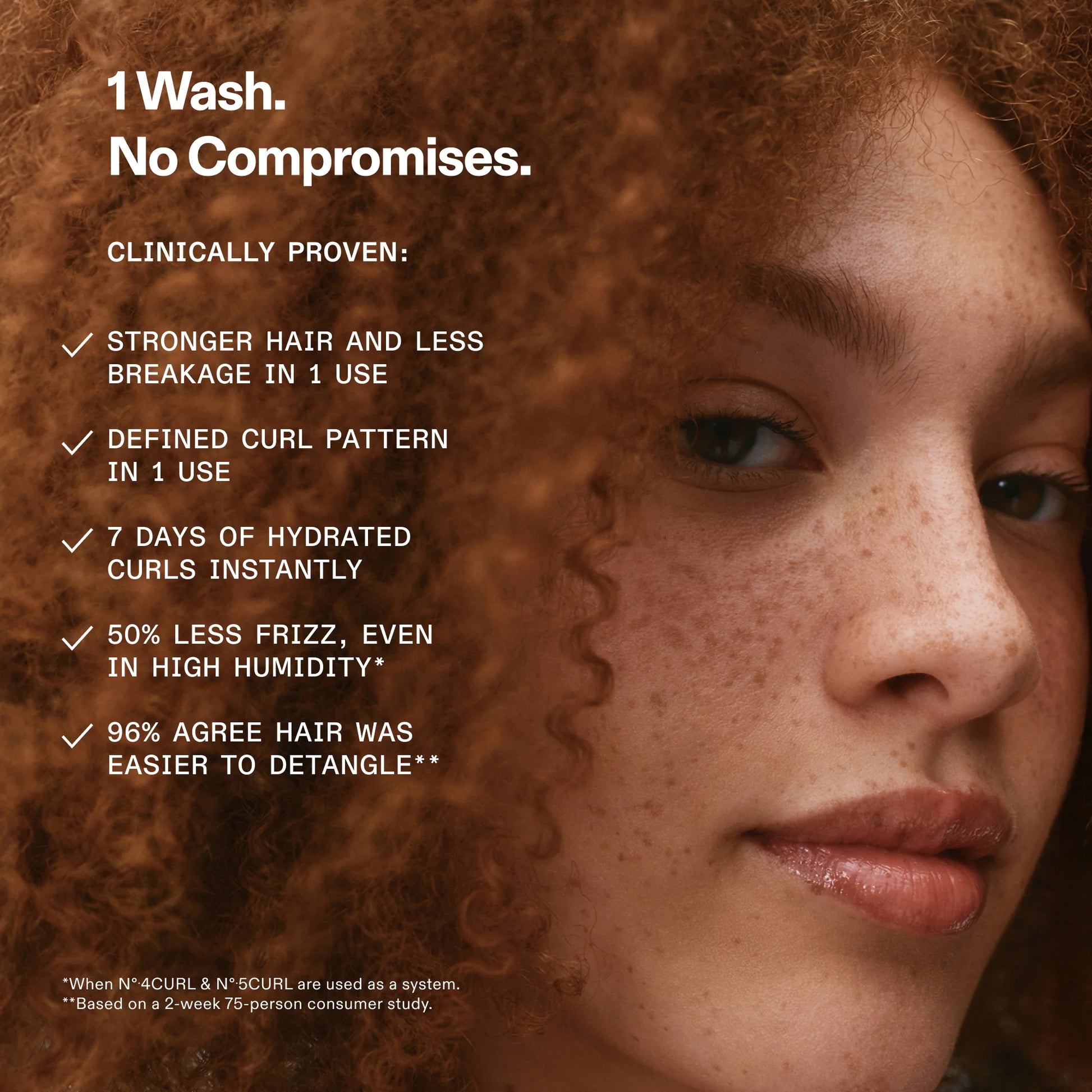 Woman with curly hair and promotional text about a hair care product.