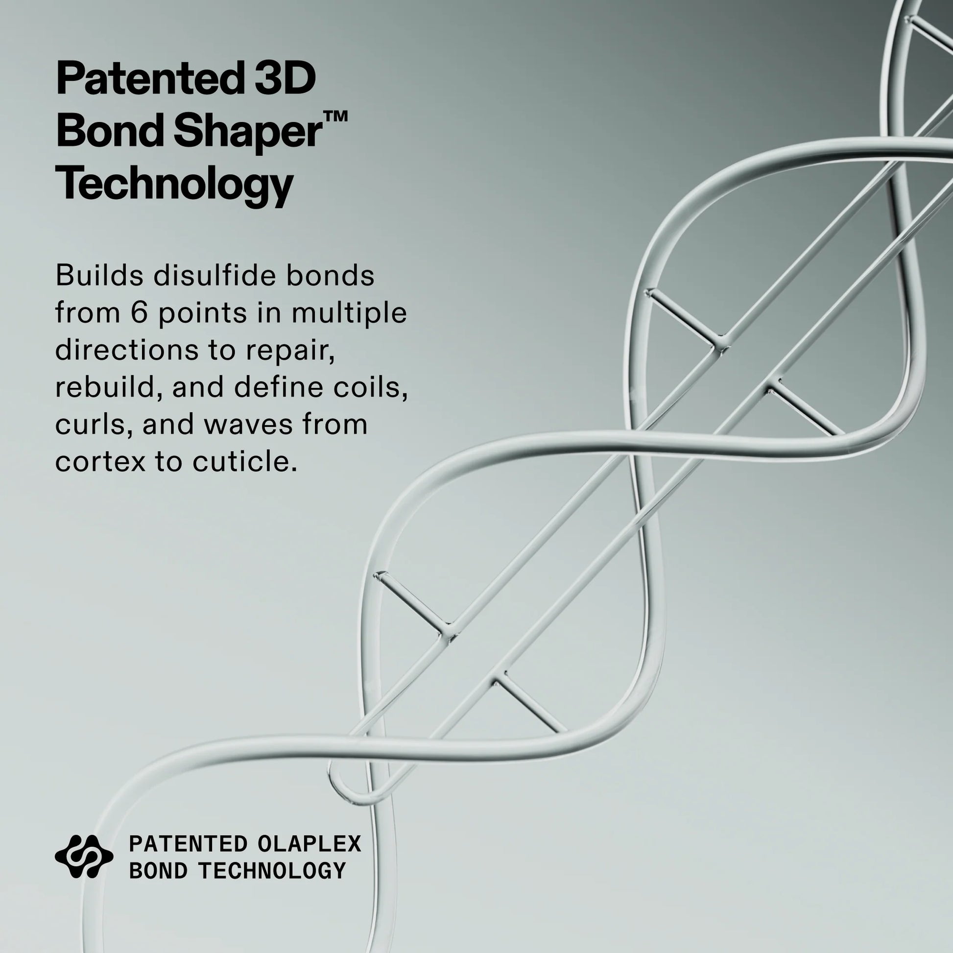 Advertisement for Olaplex's patented 3D bond shaper technology with a white spiral on a gray background.