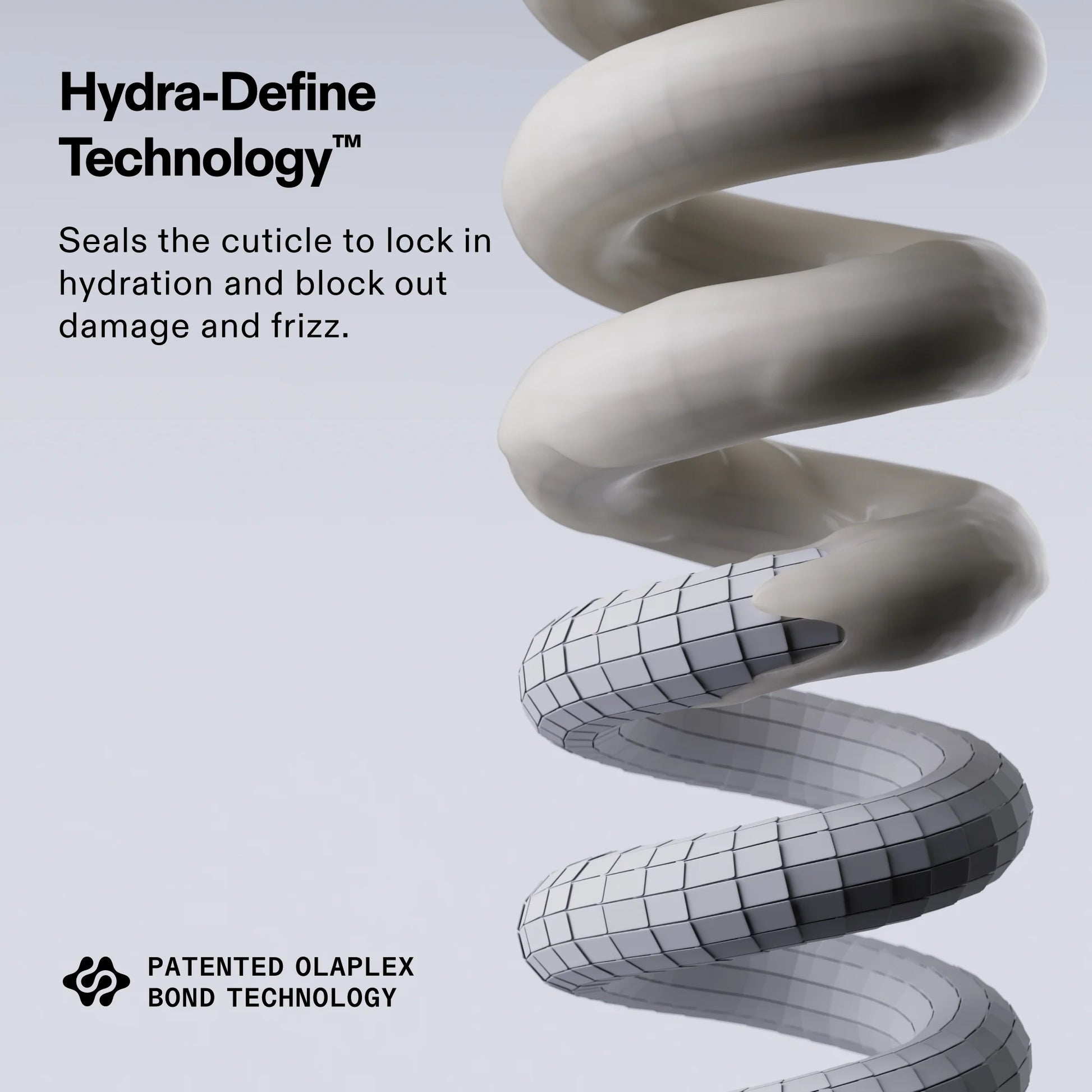 Advertisement for Hydra-Define Technology with a close-up of a coiled hair product on a light gray background.