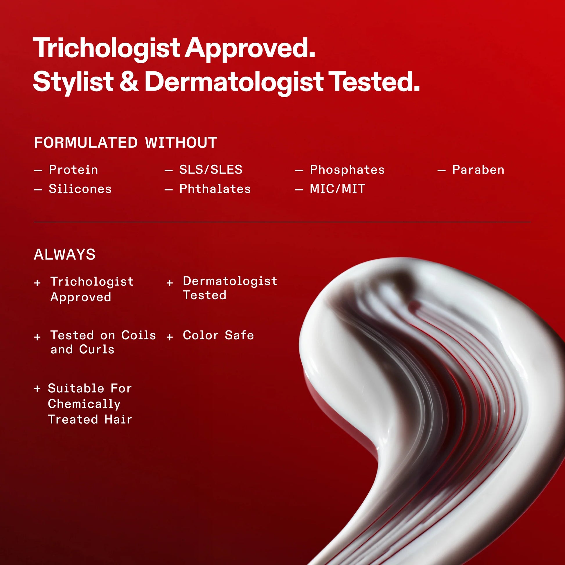 Product with text indicating trichologist approval, dermatologist testing, and safety features on a red background.