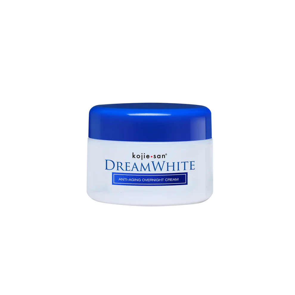 Kojie San Dream White anti-aging overnight cream jar with blue lid on a white background