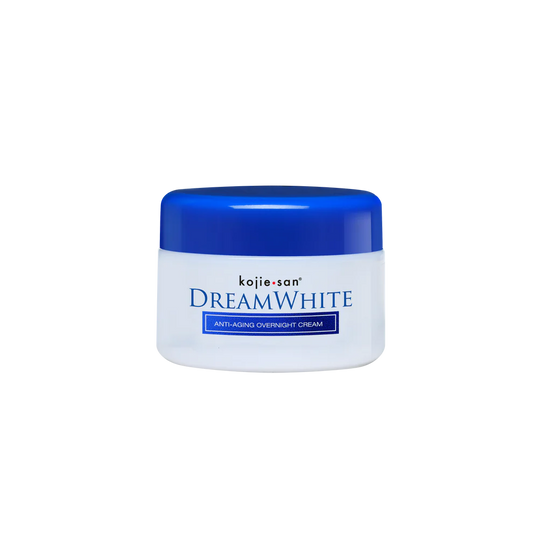 Kojie San Dream White anti-aging overnight cream jar with blue lid on a white background