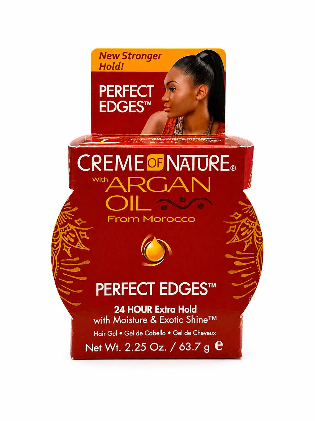 Creme of Nature with Argan Oil Perfect Edges hair gel in a red box with gold accents, featuring a model on the top flap, on a white background.