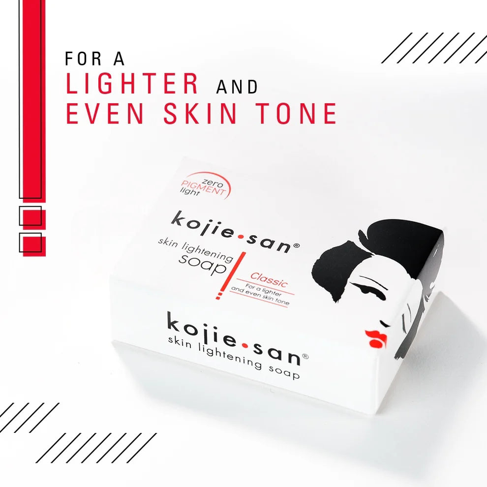 Kojie San skin lightening soap packaging on a white background with promotional text.