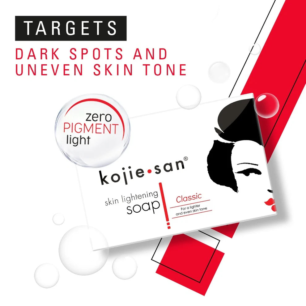 Kojie San skin lightening soap packaging with branding and product features.