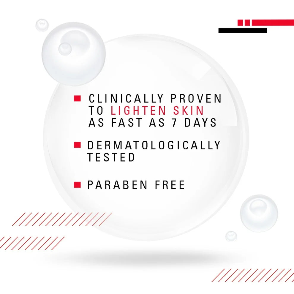 Product feature text on a white background with bubbles and red accents.