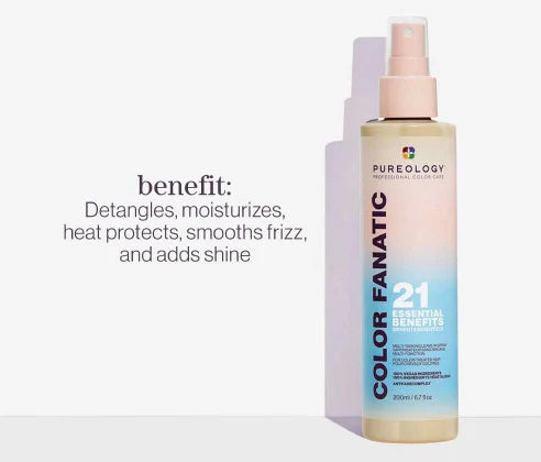 Pureology Color Care Color Fanatic 2-in-1 Essential Benefits Heat Protectant and Moisturizer spray bottle, featuring a beige-to-blue gradient design with a pink spray top, shown next to text detailing its benefits.