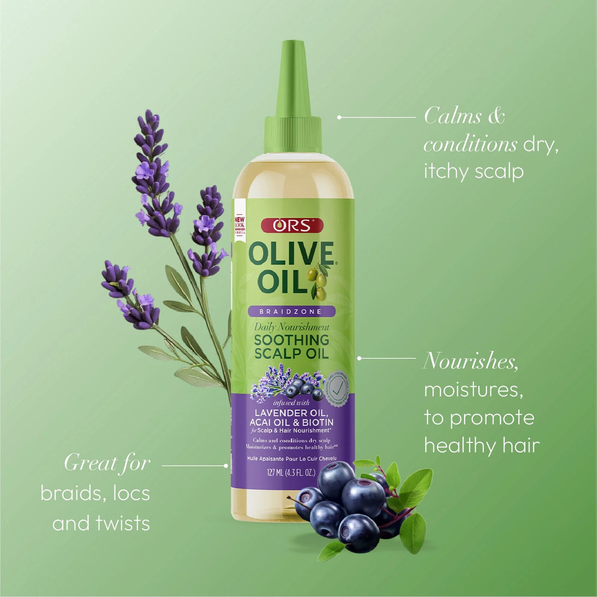 ORF Olive Oil Scalp Oil bottle with lavender and olive leaves on a green background