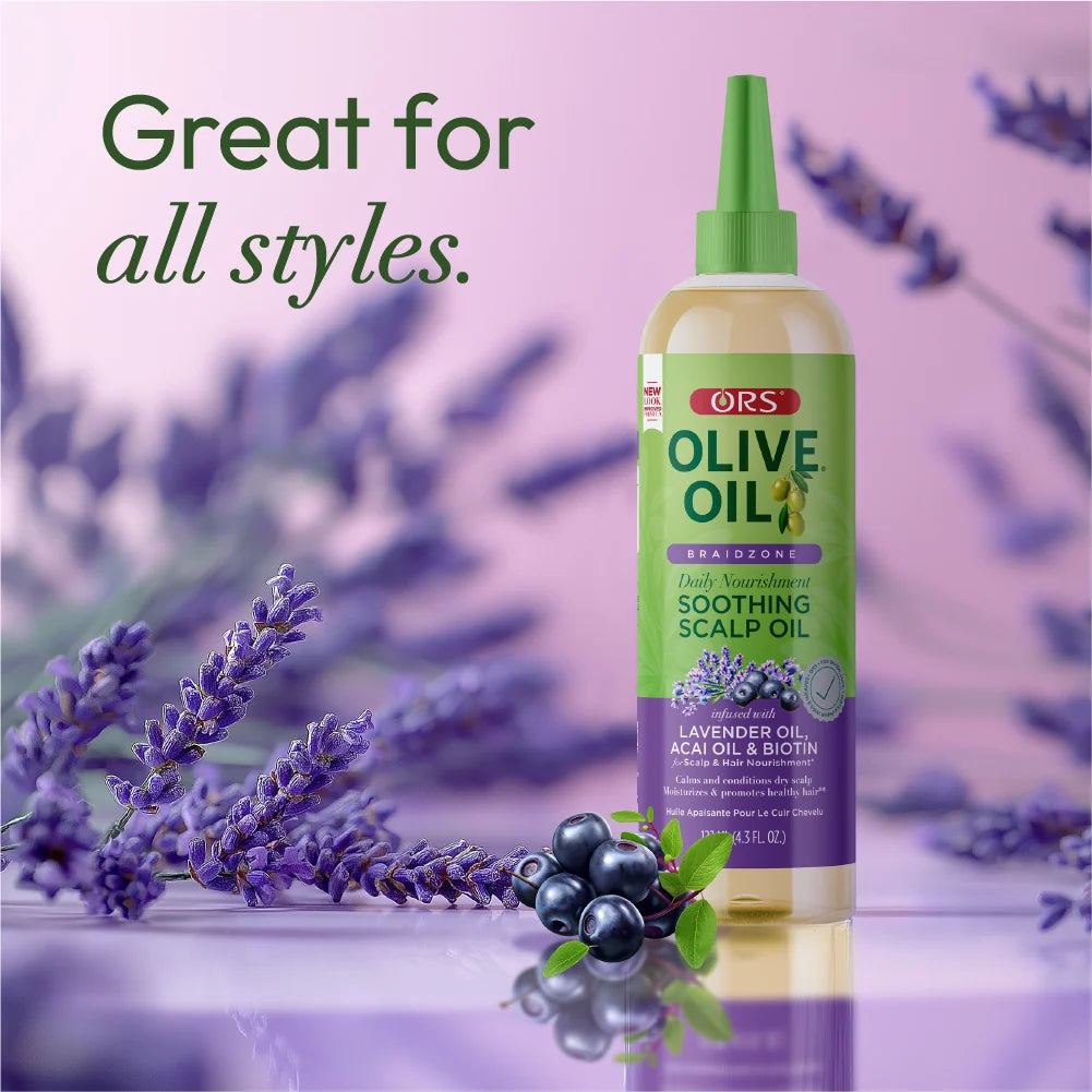 ORF Olive Oil Scalp Oil bottle with lavender flowers on a purple background