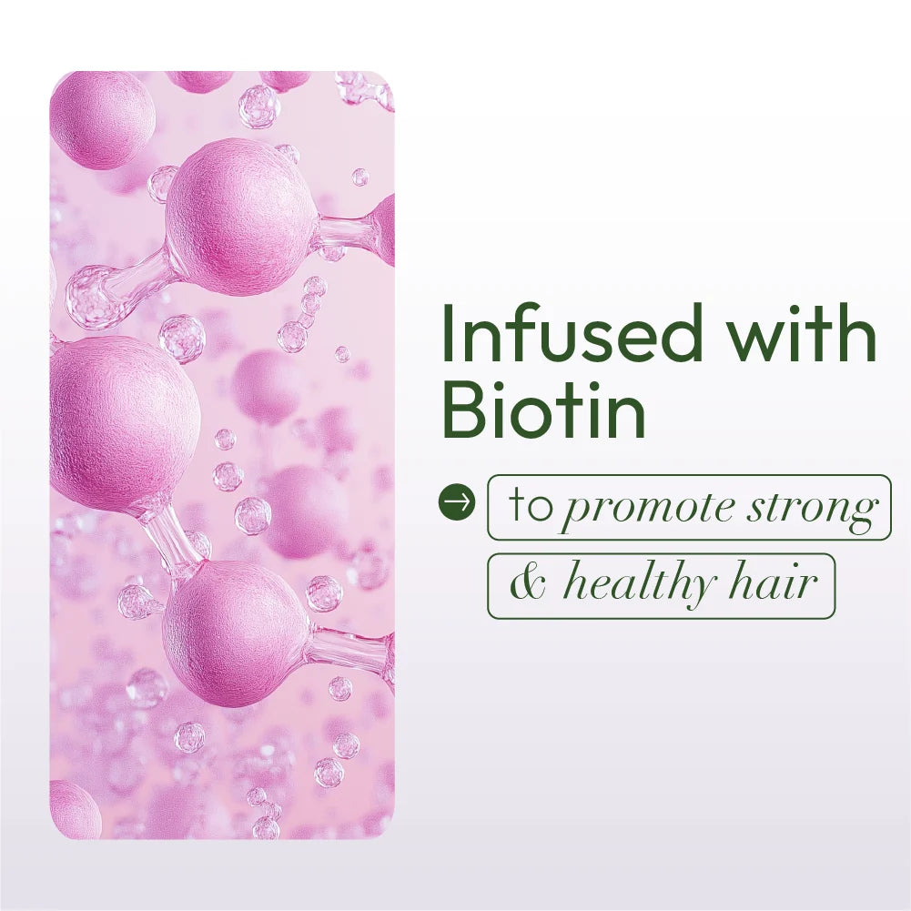 Product packaging with pink bubbles and text about biotin for hair health on a light purple background.