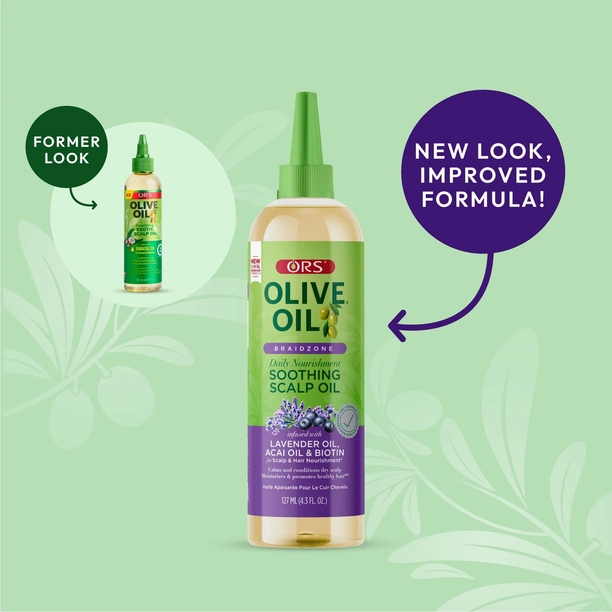 Olive Oil hair care product with a green and purple label on a light green background