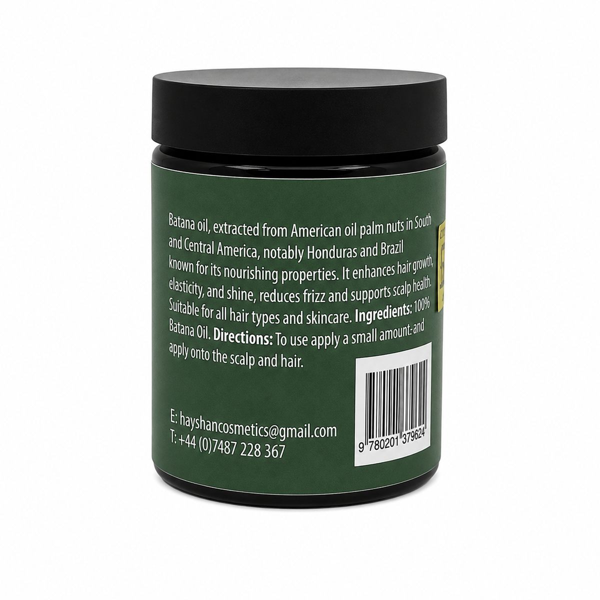Back view of a dark green jar of Kayshans Cosmetics Batana Oil with a black lid, showing product ingredients and directions on a white background.