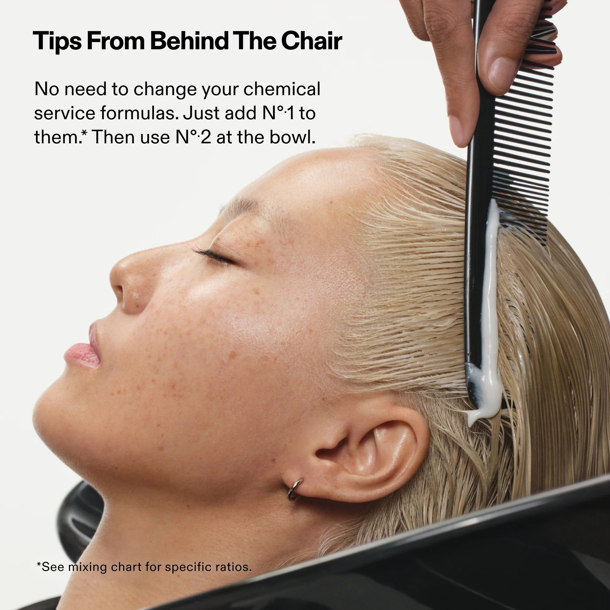 Person getting a hair treatment with text about chemical service formulas.