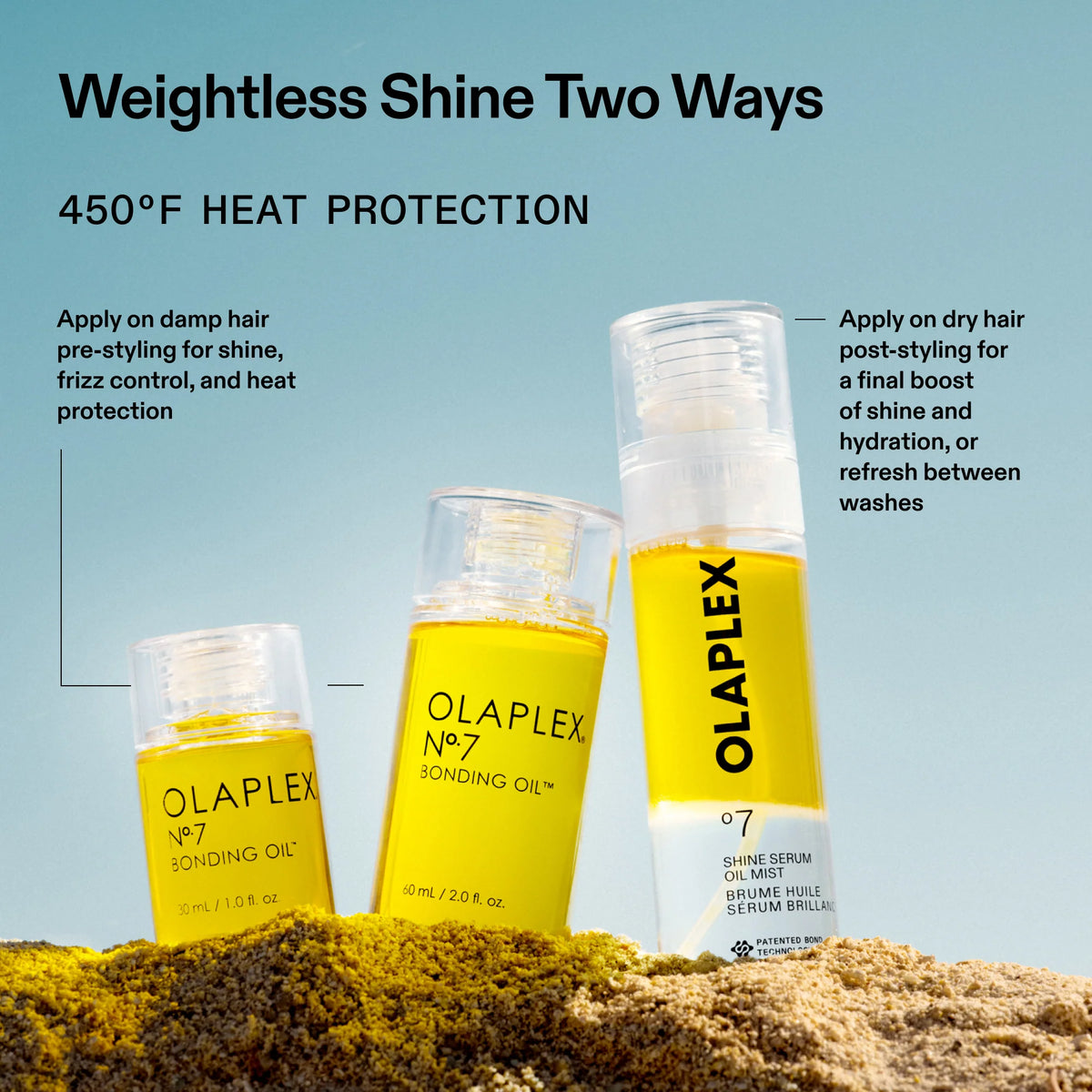 Olaplex hair care products with application instructions on a textured surface and blue background