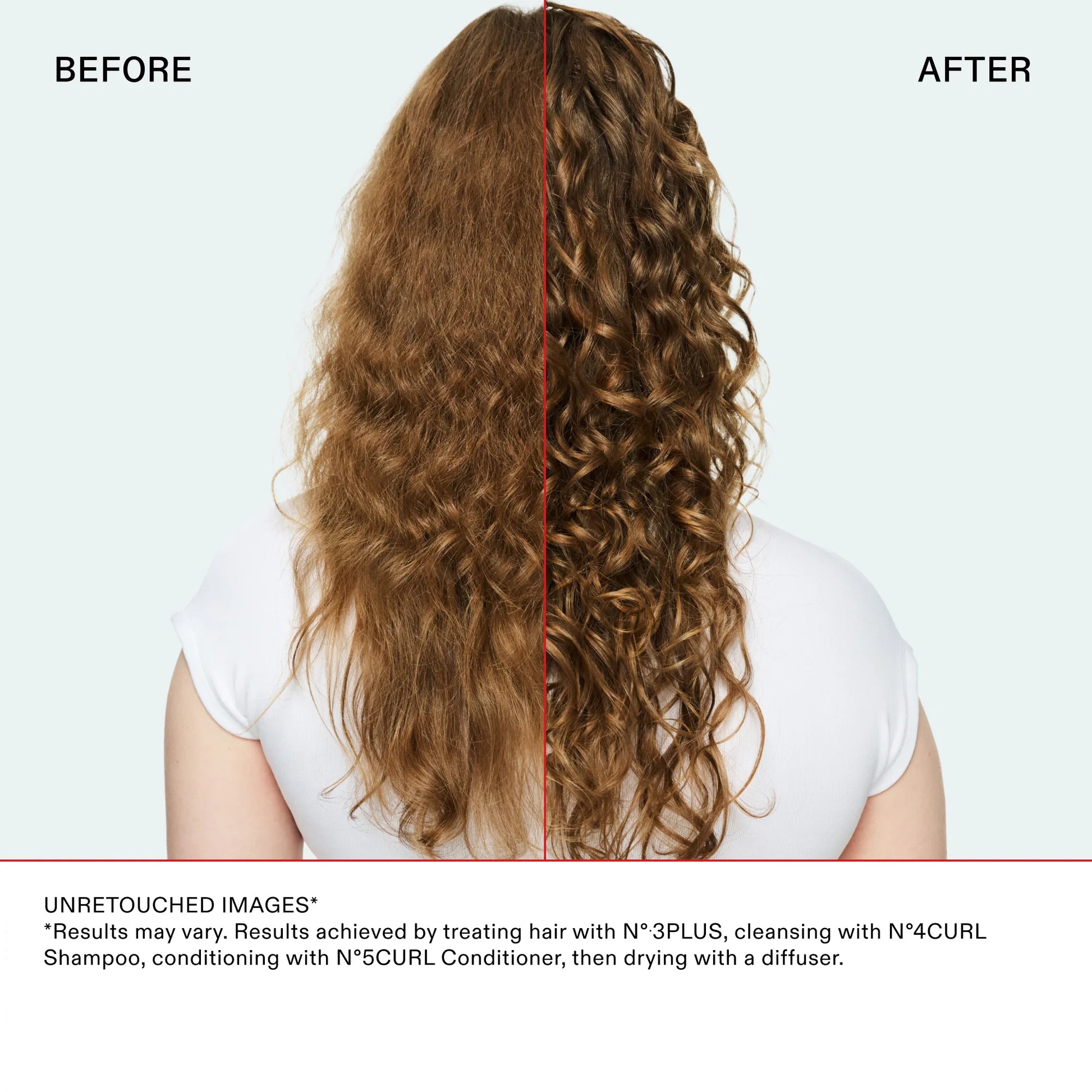 Before and after comparison of styled hair with a red line dividing the two images.