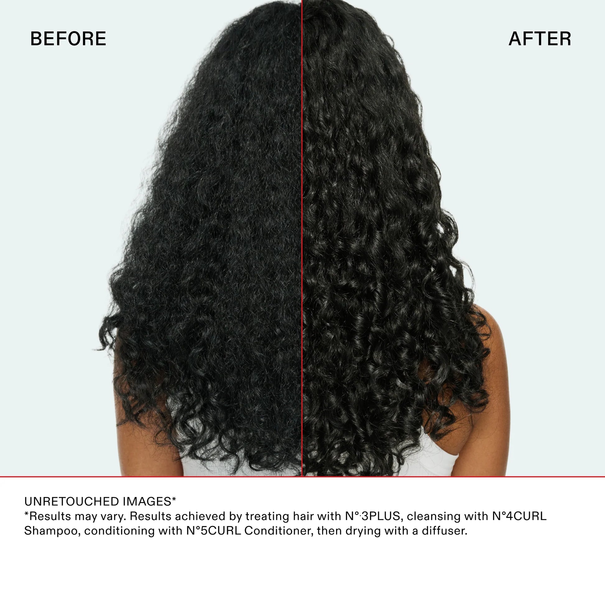 Before and after comparison of hair with a red line dividing the two sides.