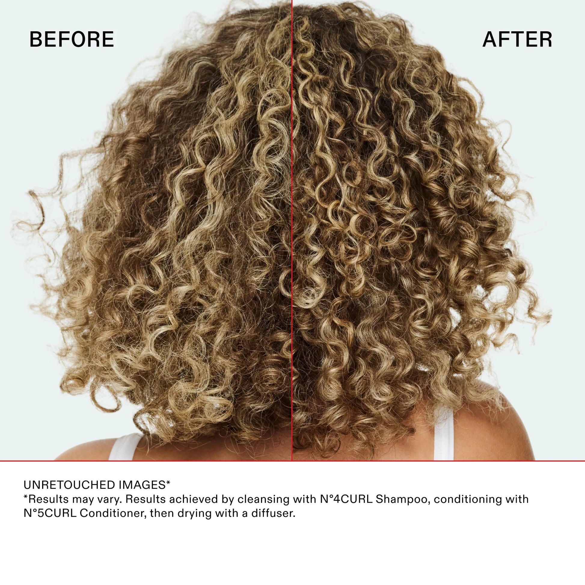 Before and after comparison of curly hair with a red line dividing the two images.