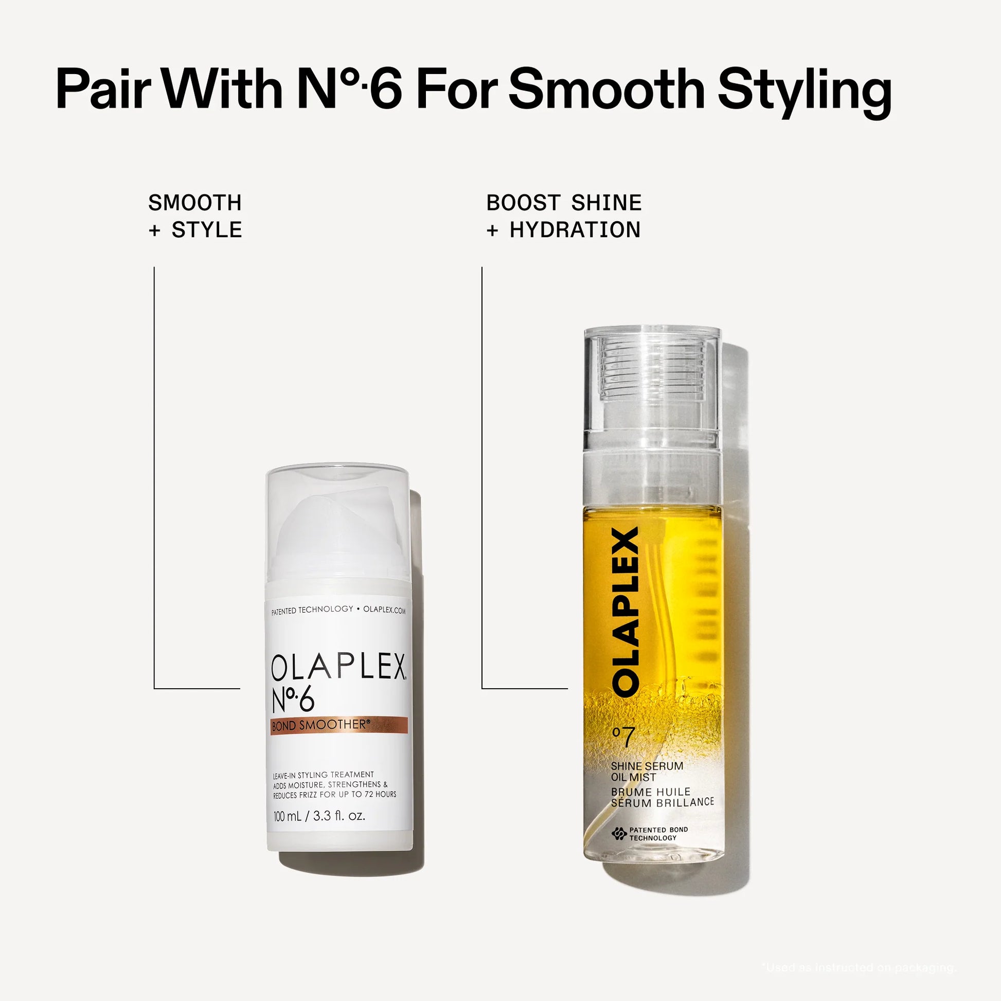 Two Olaplex hair care products with text indicating pairing for smooth styling.