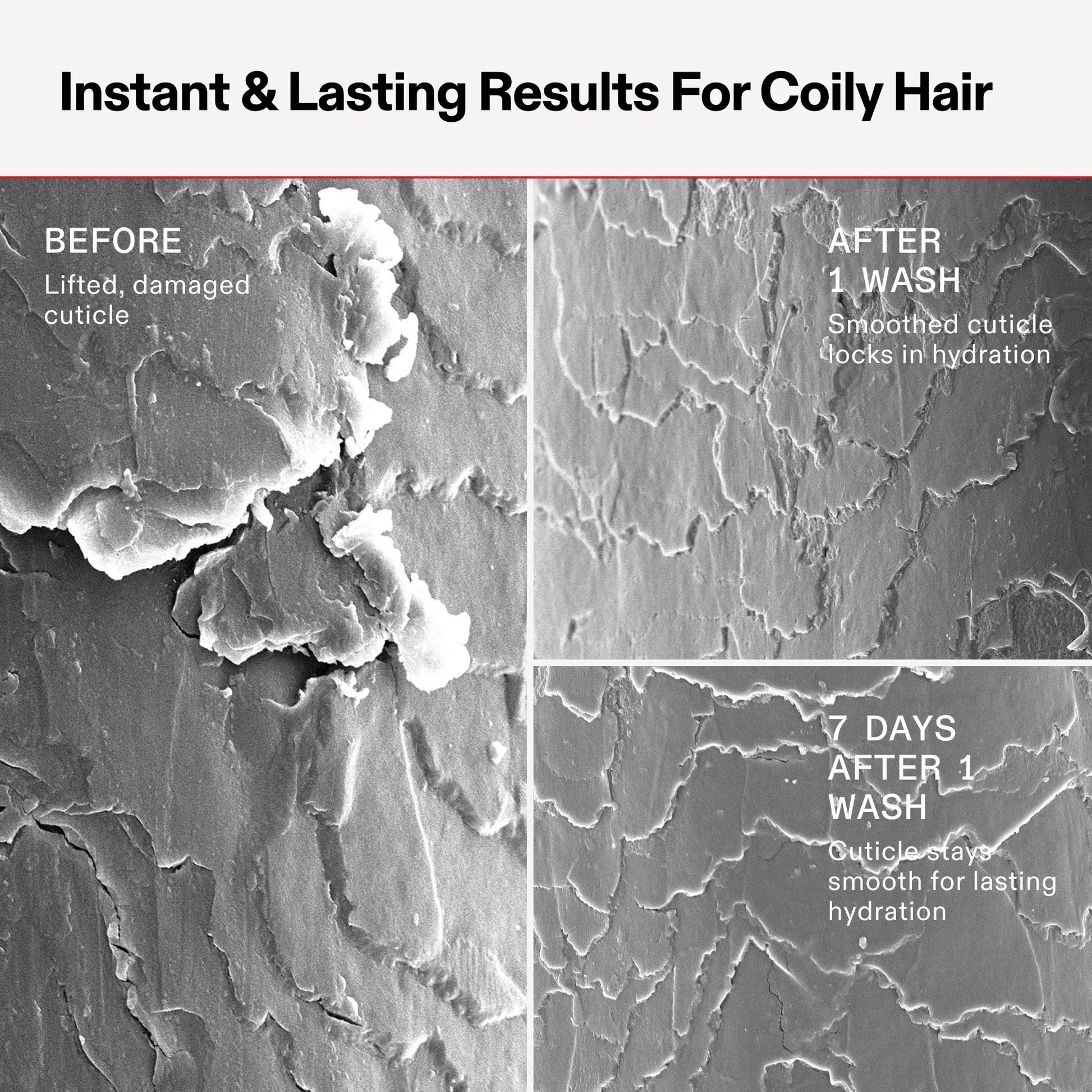 Before and after comparison of coily hair with text indicating results for a hair care product.