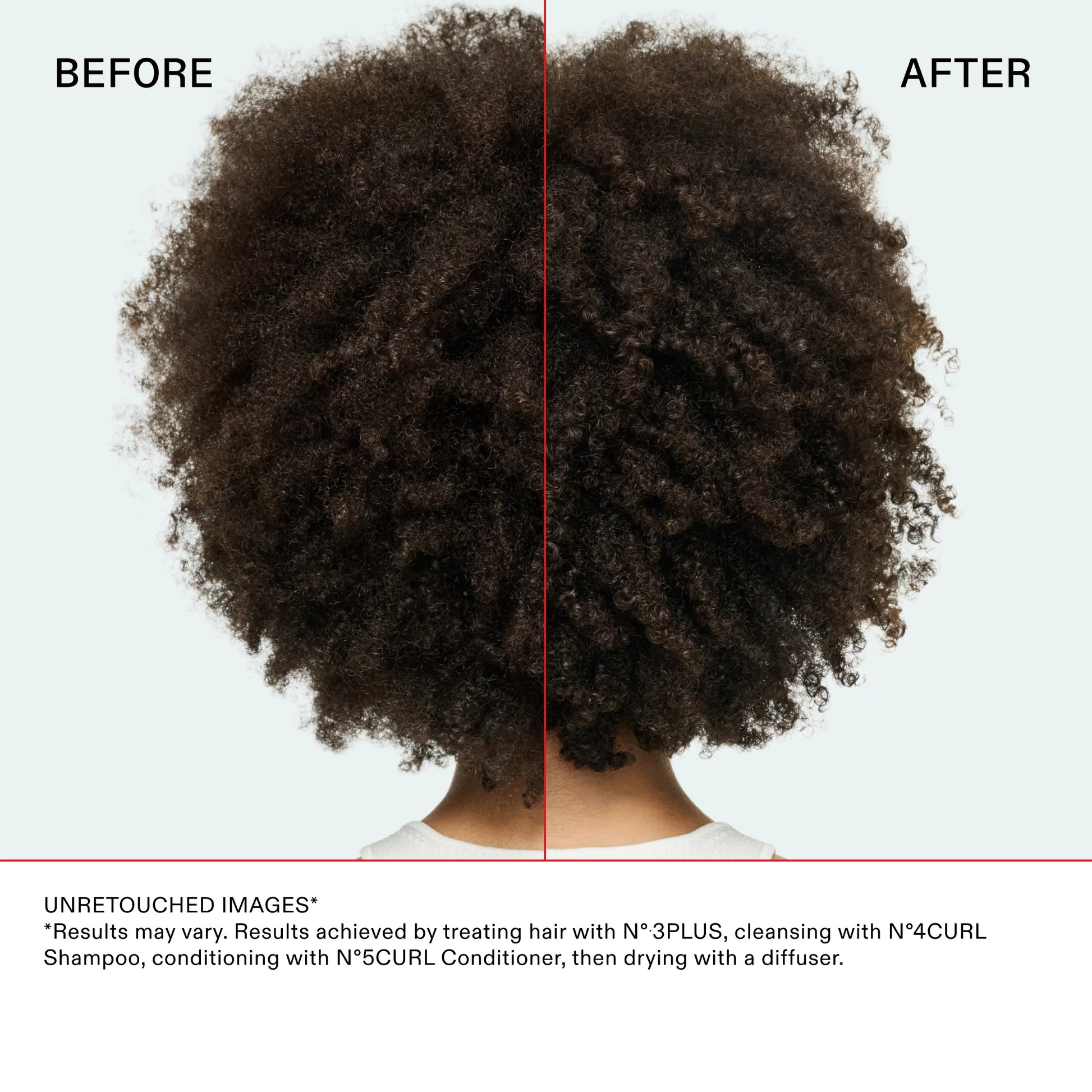 Before and after comparison of hair treatment results with N*3PLUS and N*4CURL products.