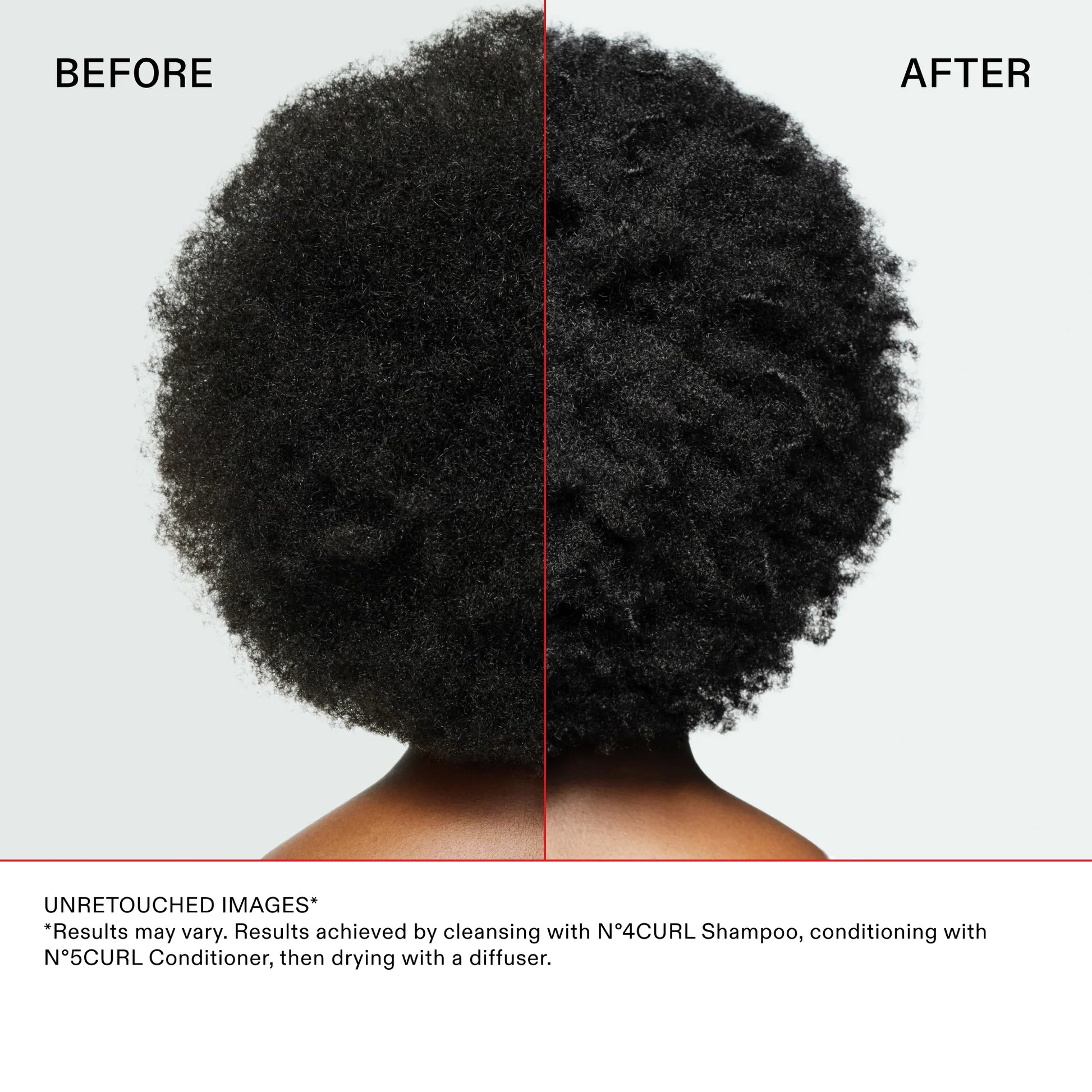 Before and after comparison of hair texture with a person's head on a plain background.