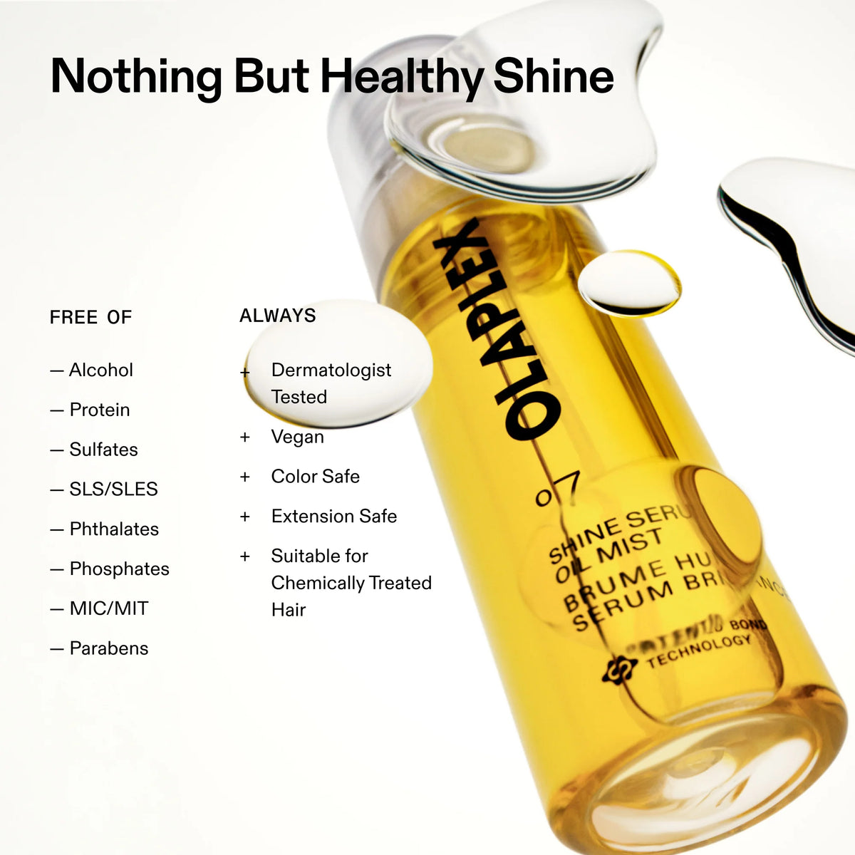 Olaplex hair serum bottle with product features listed on a white background