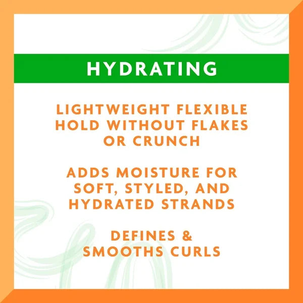 Text describing hydrating hair product features with a green and orange border.