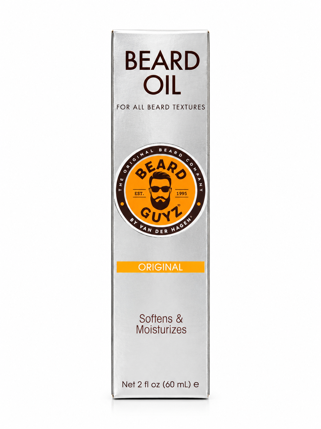 Beard Oil Original by Beard Guyz in a tall silver rectangular box with a circular orange and black logo, shown on a white background.