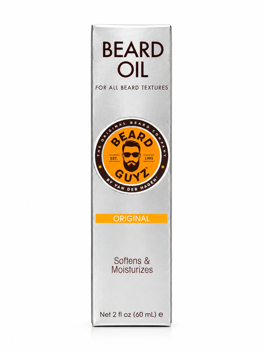 Beard Oil Original by Beard Guyz in a tall silver rectangular box with a circular orange and black logo, shown on a white background.