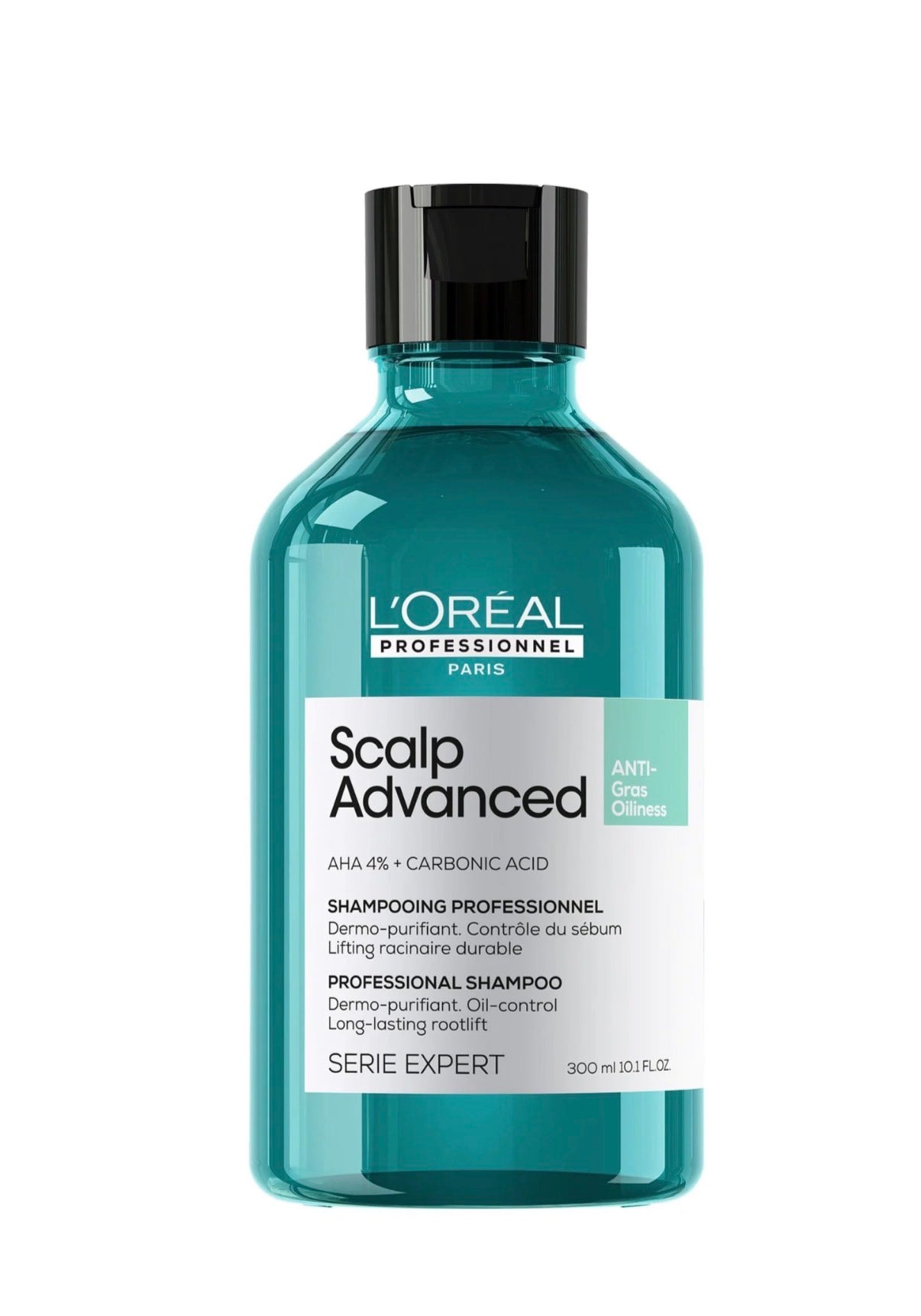 L'Oréal Professionnel Scalp Advanced Professional Shampoo in a translucent teal bottle with a black cap and white label, on a white background.