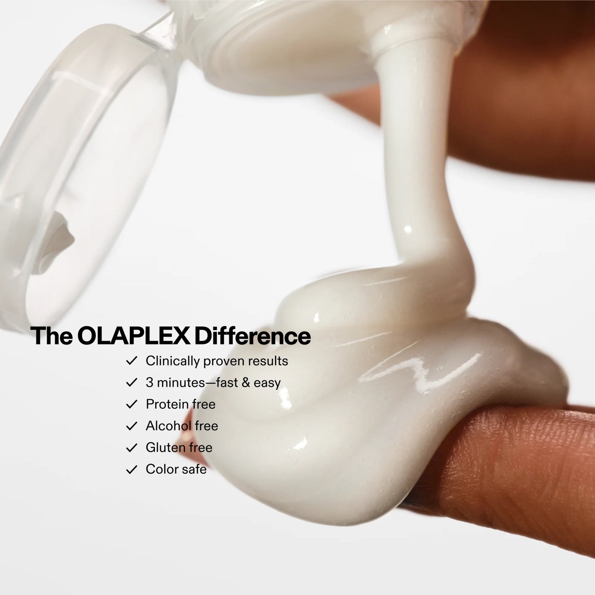 Close-up of OLAPLEX hair product being applied to a finger with text highlighting its features.