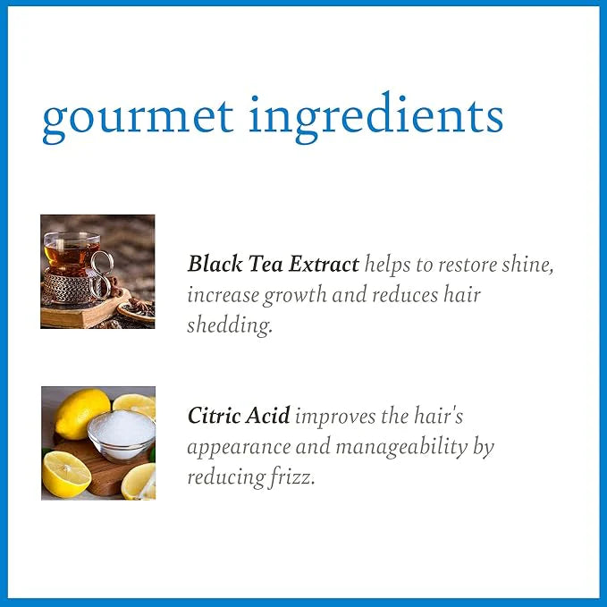 Text about gourmet ingredients with images of black tea and lemons on a white background.