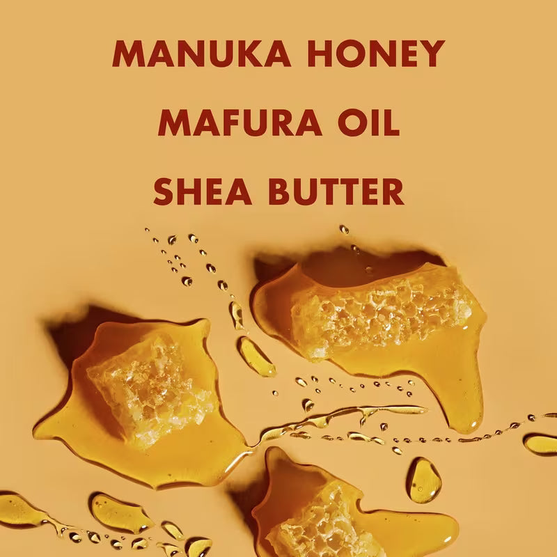 Manuka honey, Mafura oil, and shea butter with a beige background