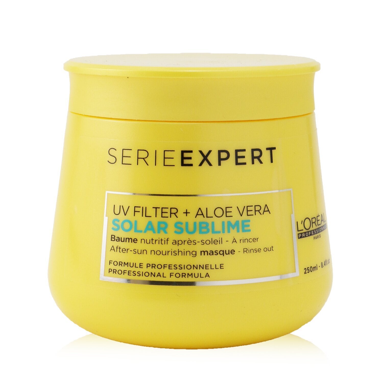 Yellow jar of L'Oreal Serie Expert Solar Sublime on a white background