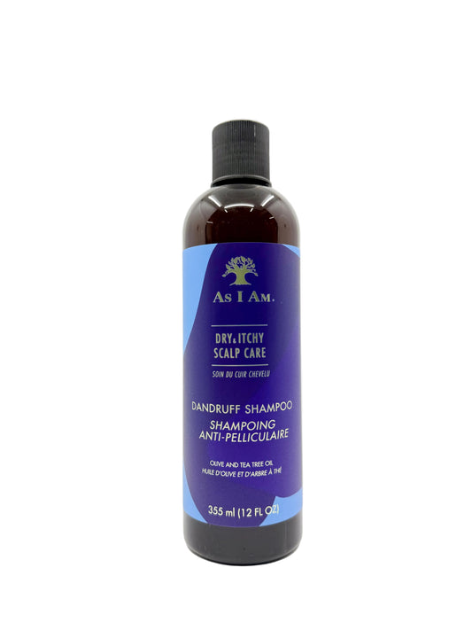 A 3.55 ml (12 fl oz) bottle of As I Am Dry Itchy Scalp Care Sourduff Shampoo, featuring a dark amber bottle and a blue and purple label, set against a plain white background.
