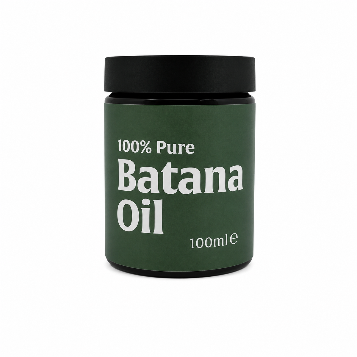 A 100ml jar of 100% Pure Batana Oil with a dark green label and a black lid, shown on a plain white background.