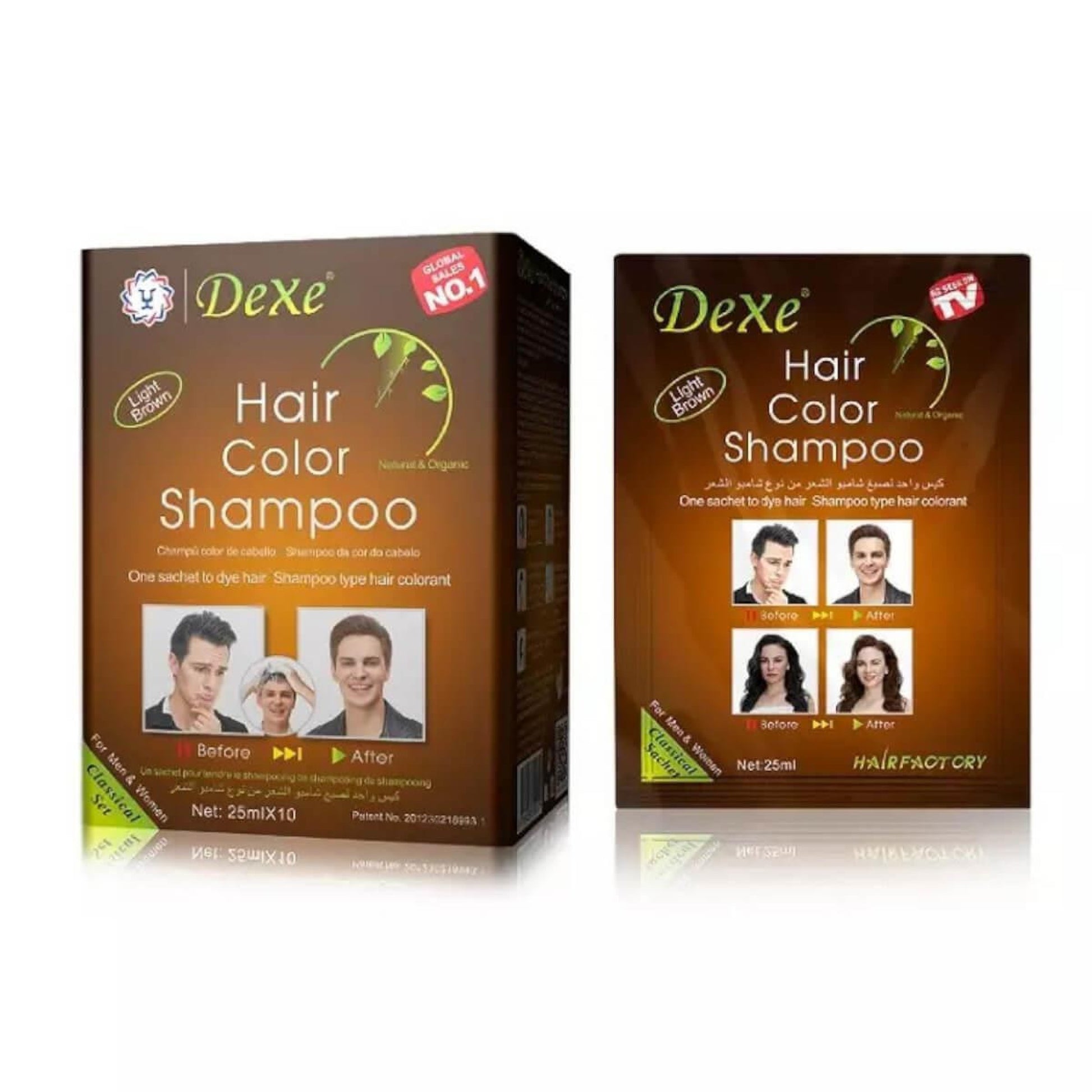 Two boxes of Dexe Hair Color Shampoo on a white background