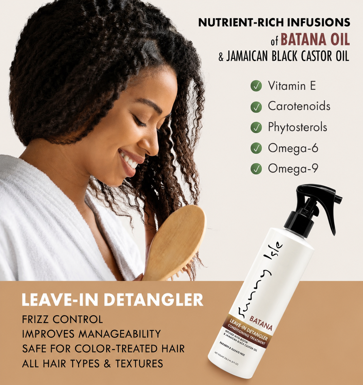 Leave-in detangler spray bottle shown next to a smiling woman with defined curly hair holding a wooden brush, with product benefits text on a beige background.