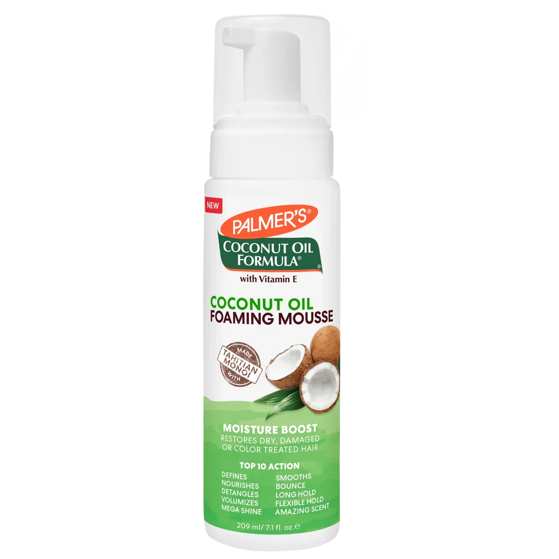 A bottle of Palmer's Coconut Oil Formula Coconut Oil Foaming Mousse on a solid white background.