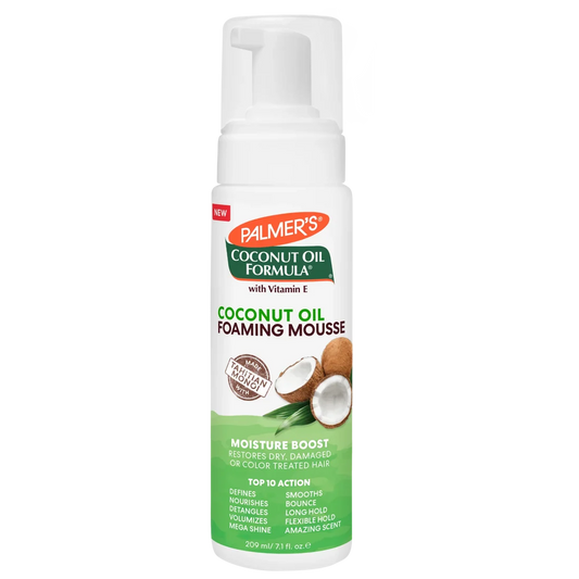 A bottle of Palmer's Coconut Oil Formula Coconut Oil Foaming Mousse on a solid white background.