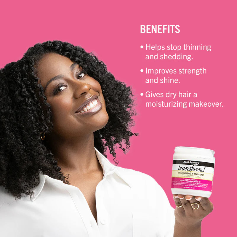 Woman holding a hair product container with benefits listed on a pink background