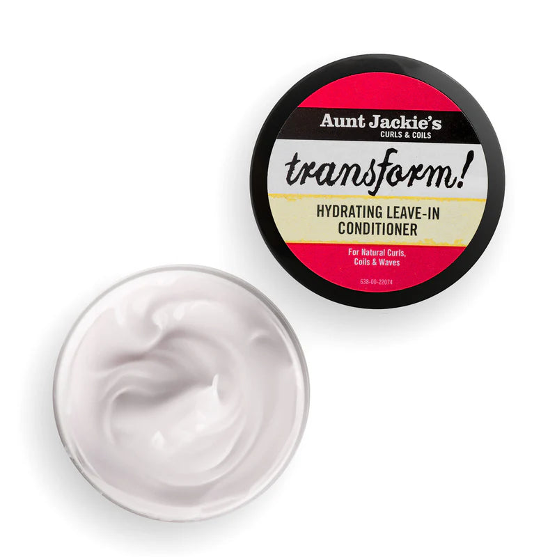 Aunt Jackie's Transform! Hydrating Leave-In Conditioner with open lid showing white cream.