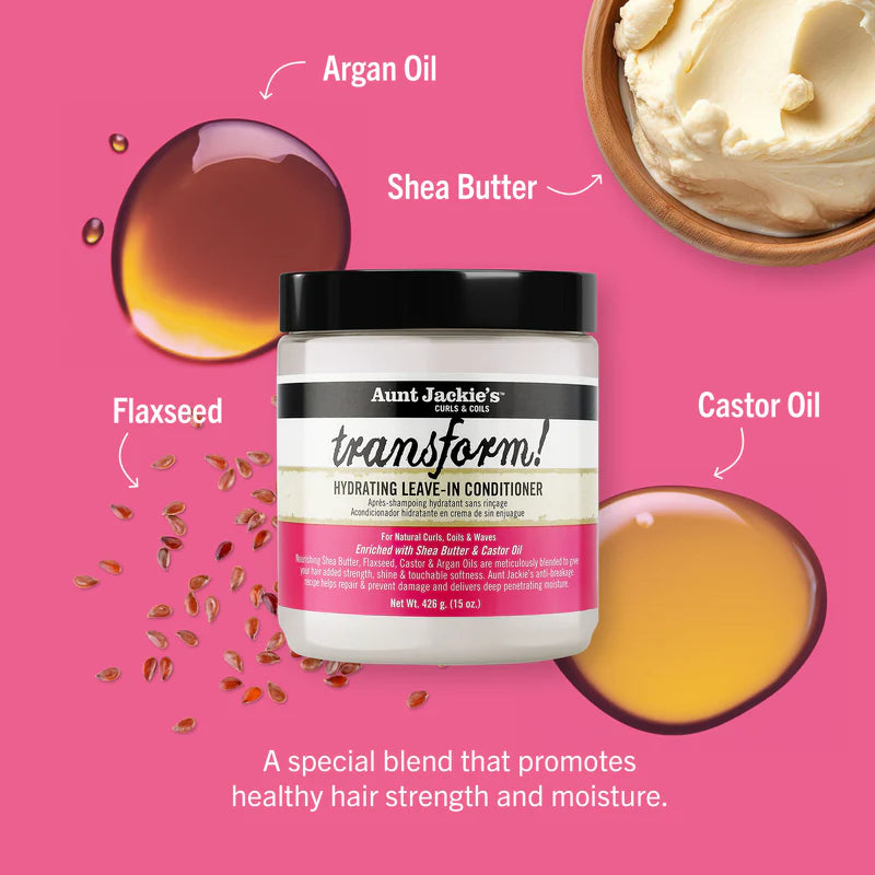 Aunt Jackie's Transform! product with ingredients like argan oil, shea butter, flaxseed, and castor oil on a pink background.