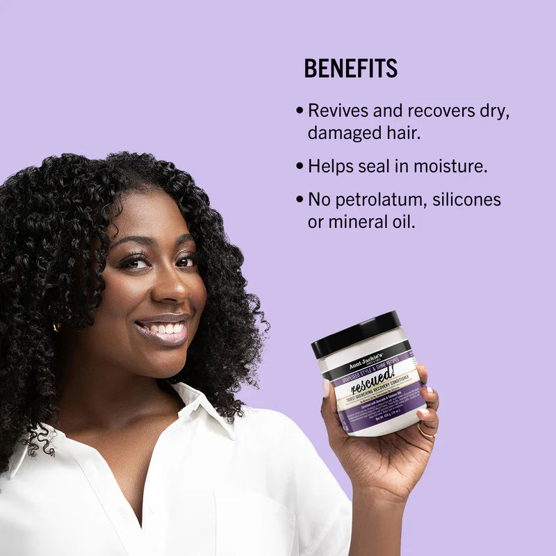 Woman holding a jar of hair product with text about its benefits on a purple background