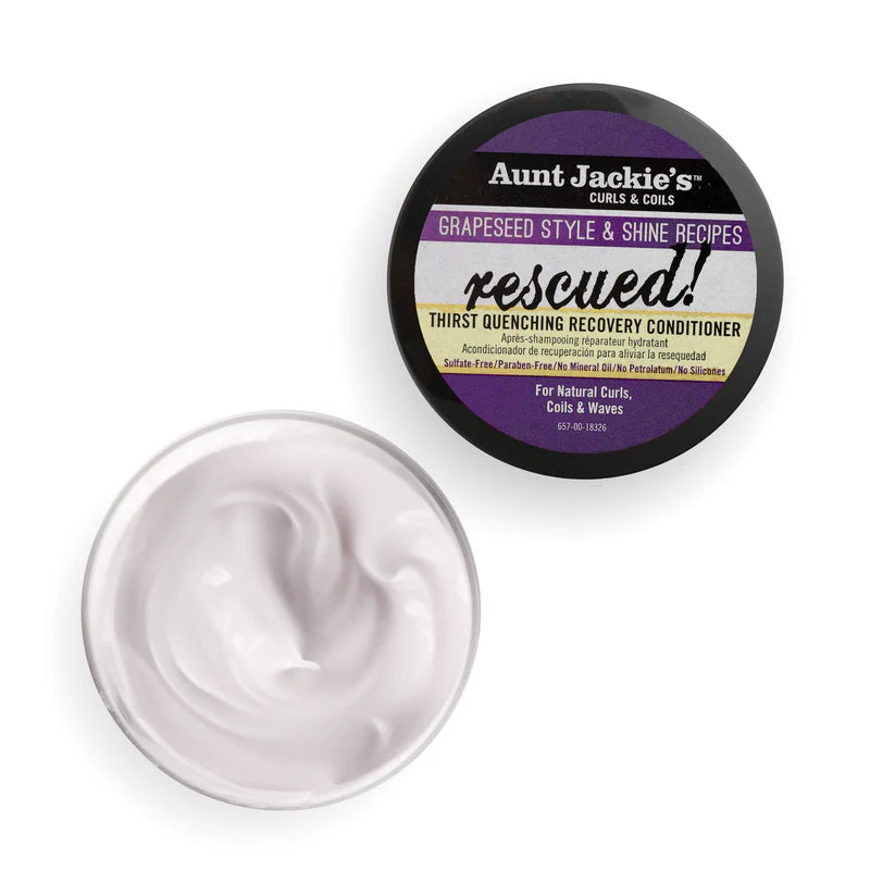 Aunt Jackie's Grapesed Style & Shine Recipes rescued! conditioner with open lid showing white cream.